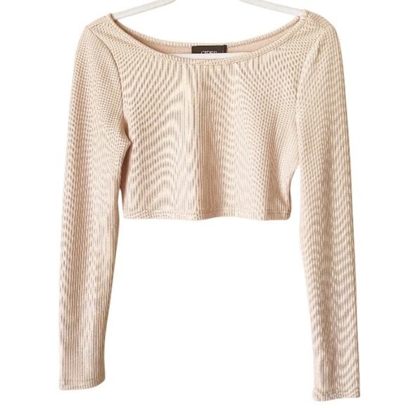 Cider | Ribbed Cropped Long Sleeve Top Tee Boat Neck Beige Large NWT - Picture 1 of 4